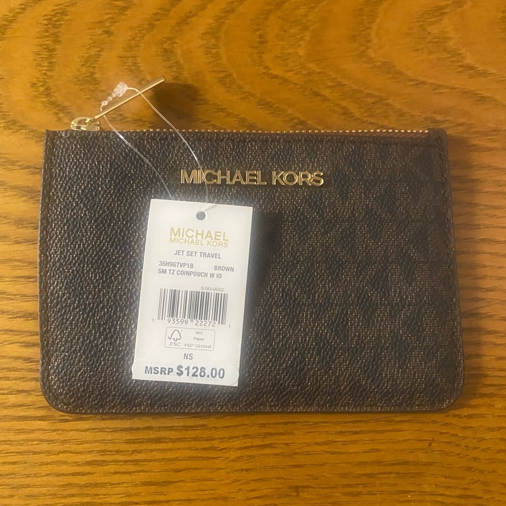 Michael Kors jet set travel brown logo coin pouch card holder. NWT